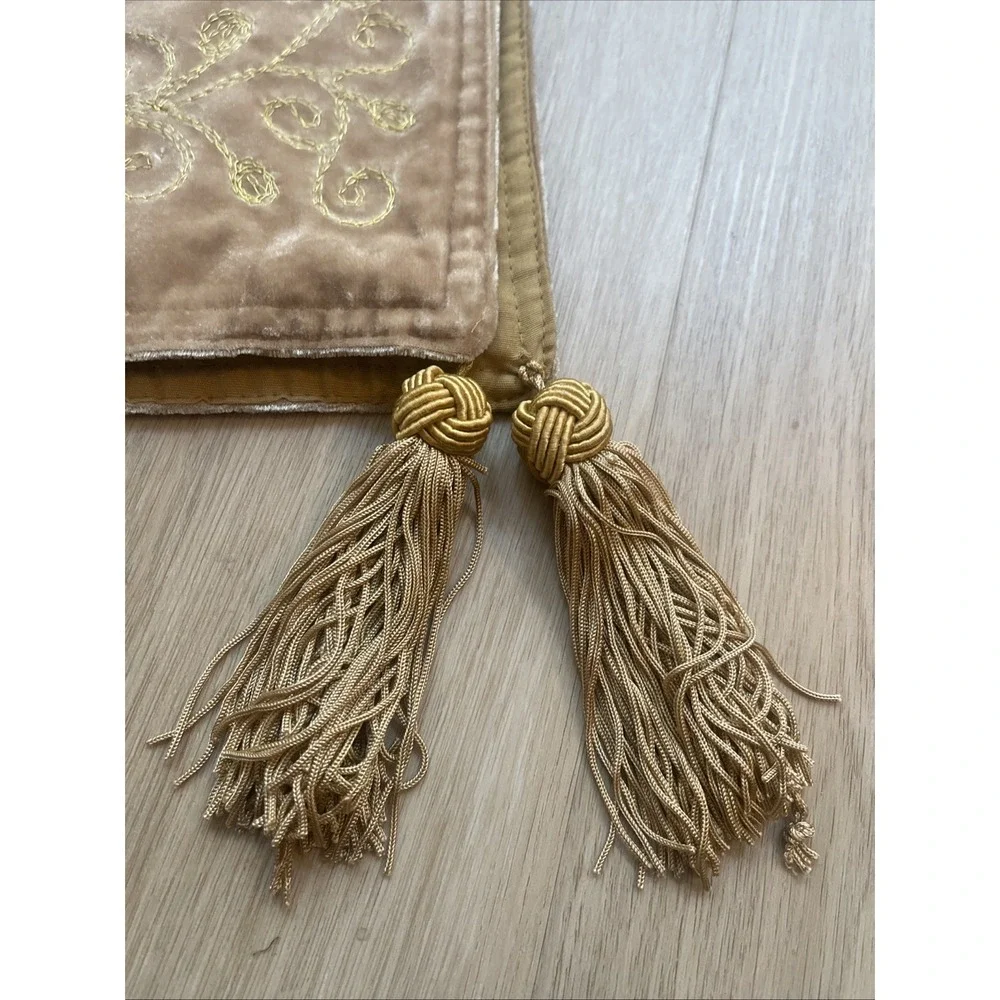 Vintage Crushed Velvet Gold Embroidered Table Runner Tassels 72X13